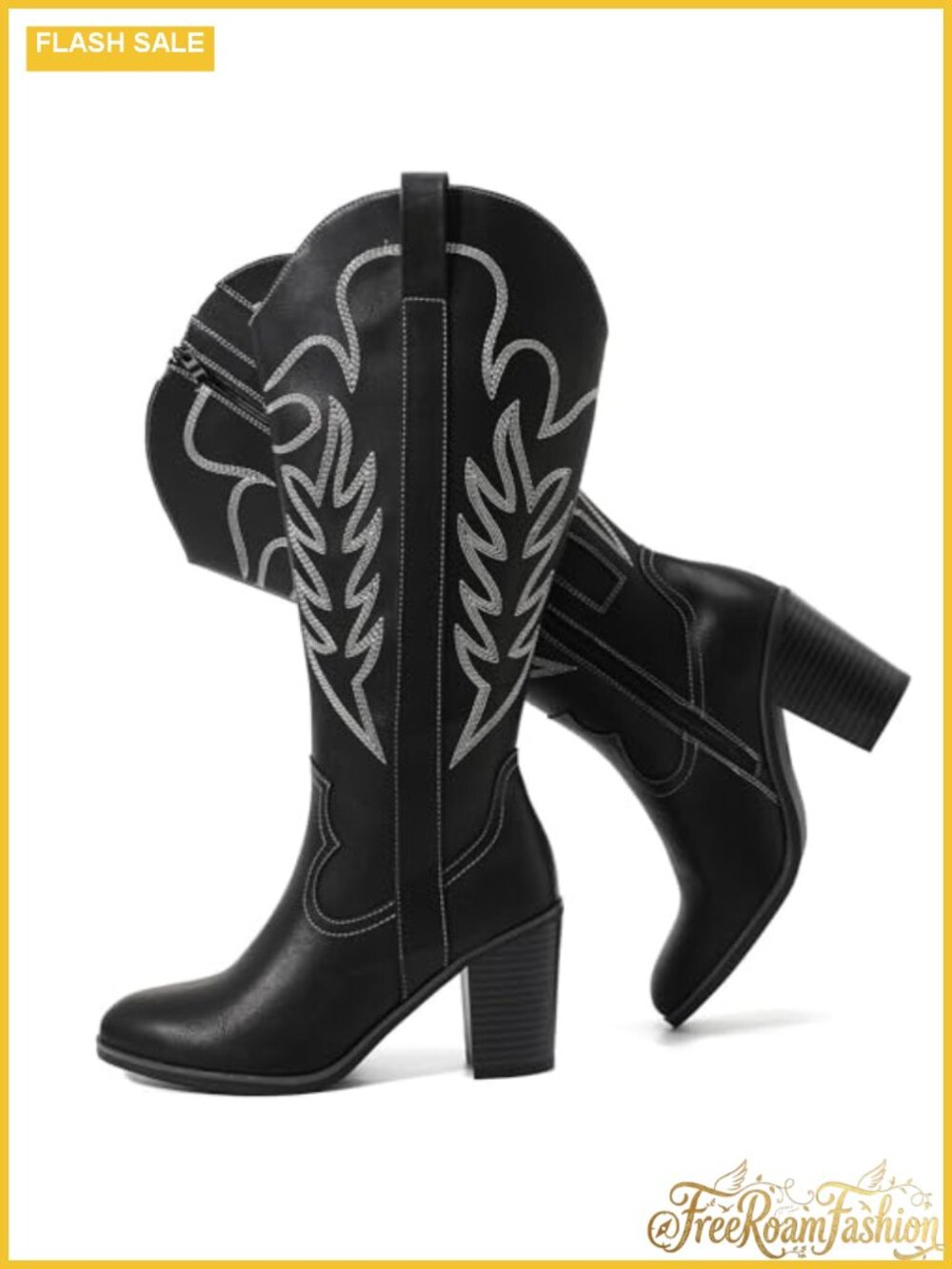 Extra Wide Calf Knee High Cowboy Boots Memory Foam Block Heel